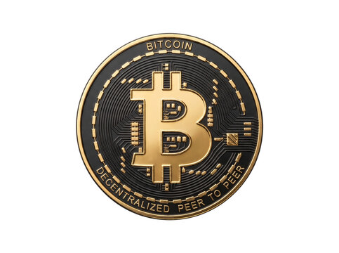Bitcoin crypto currency gold and black coin illustration. Features metallic token with circuit board pattern and decentralized peer to peer text. Isolated digital money graphic design.