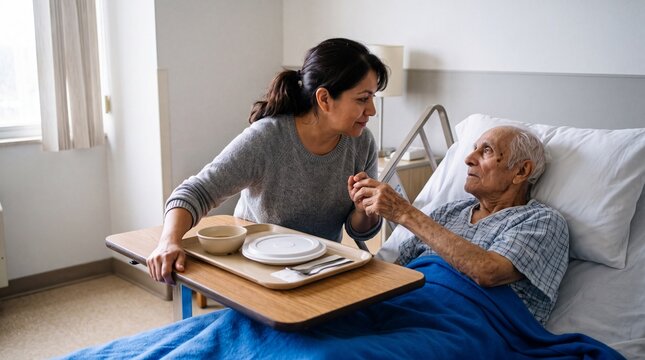 Daughter bringing a meal tray to her elderly bedridden father