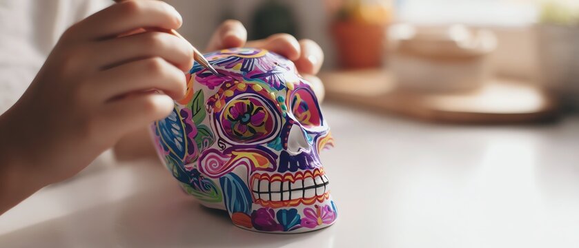 Colorful decorative skull being hand-painted.