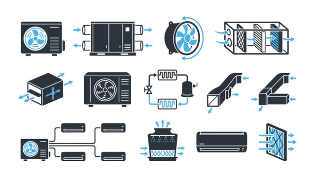 Set of hvac system icons including air conditioning units, ventilation fans, filters, and ductwork components for climate control and air circulation