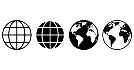 Set of black and white globe icons, planet earth symbols and geographic map shapes vector. © Akram