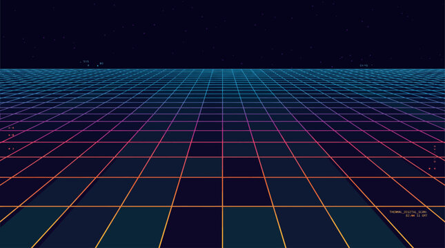 Futuristic Perspective Grid Wireframe Background Cyberpunk Gaming Metaverse Virtual Reality Cyberspace Retro Sci-Fi Technology Vector Illustration