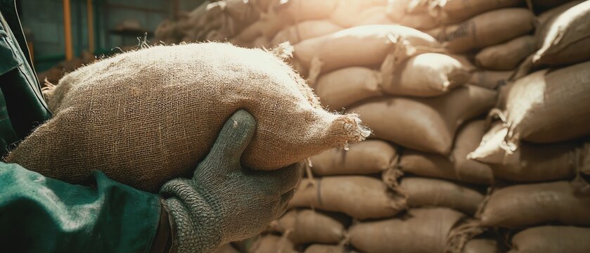 Worker holding a burlap sack of grains.