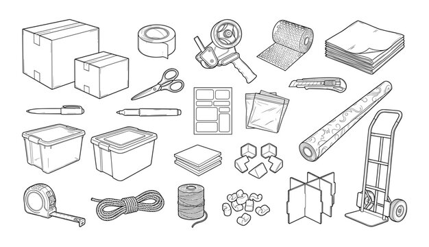 Moving Supplies Set, Including Boxes, Tape, Scissors, Bubble Wrap