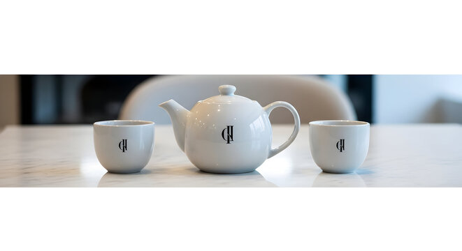 Tea set on table with two cups