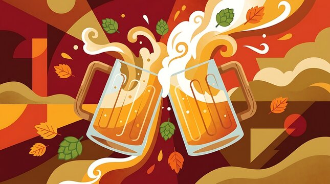Clinking beer glasses toasting with splashing foam. Surrounded by orange, yellow leaves and green hops.