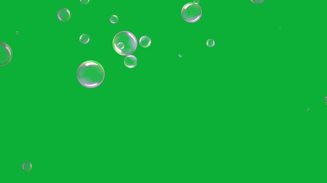 Transparent water soap bubbles floating upward softly on a keyable chroma key green screen background