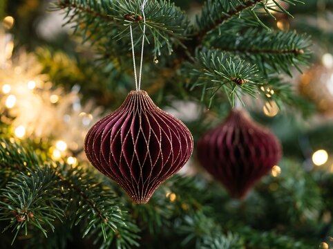 Decorative baubles with intricate geometric designs hang among festive pine branches under warm holiday.