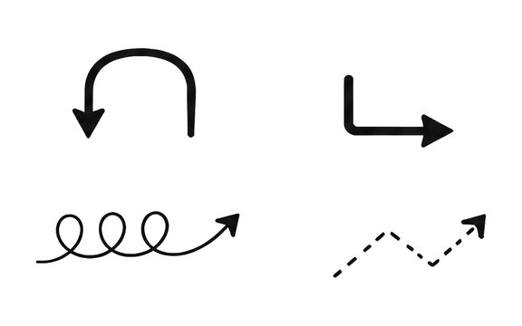U-turn arc, right-angle corner, spiral loops, and zig-zag dashed arrow vectors