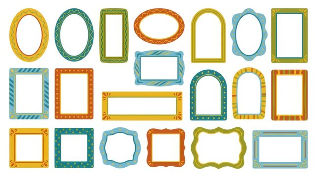 Assorted decorative frames in various shapes and colors are arranged on a white background borders geometric rectangles squares circles ovals ornate colorful vector illustration design