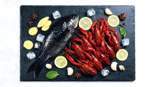 Fresh fish and crawfish with garnishes