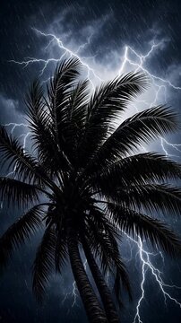 Dramatic Palm Tree Silhouette Under Striking Lightning Flashes in Dark Stormy Sky