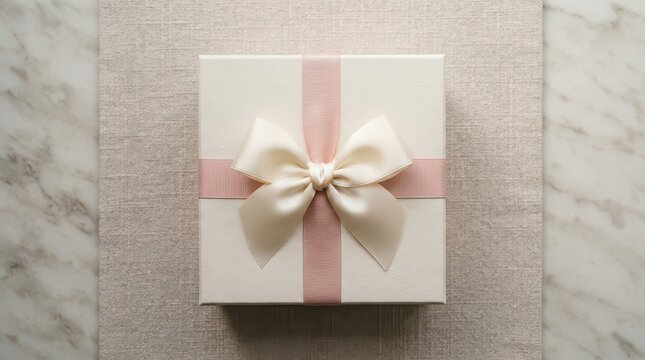 Gift Box with Pink and Cream Ribbon Bow on Textured Surface wrapped