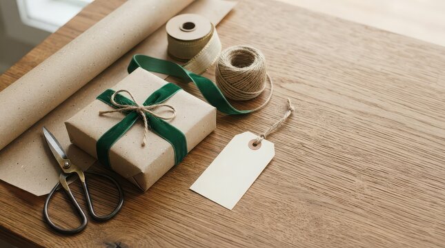 Gift wrapping supplies including scissors, twine, ribbon, and a gift tag on a wooden table materials