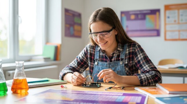Girl Working on Electronics Project in Classroom child student