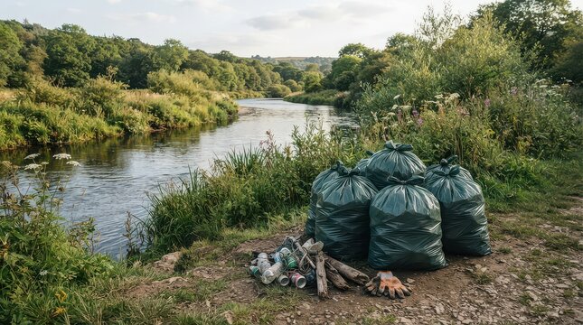 Green garbage bags and litter piled on the bank of a flowing river surrounded by lush green vegetation