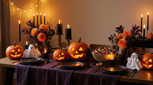 Halloween dinner table setting with carved pumpkins, candles, and candy jack-o-lantern