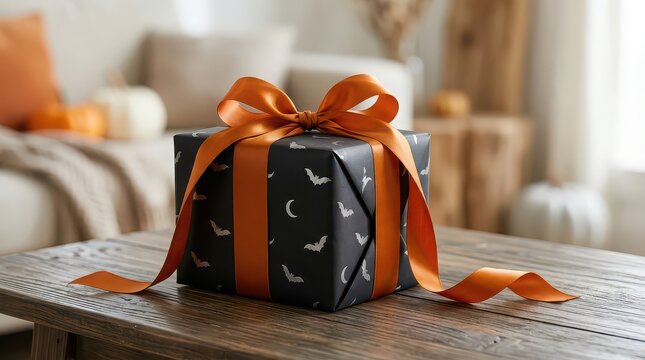 Halloween gift box with bat pattern and orange ribbon on wooden table present wrapping paper