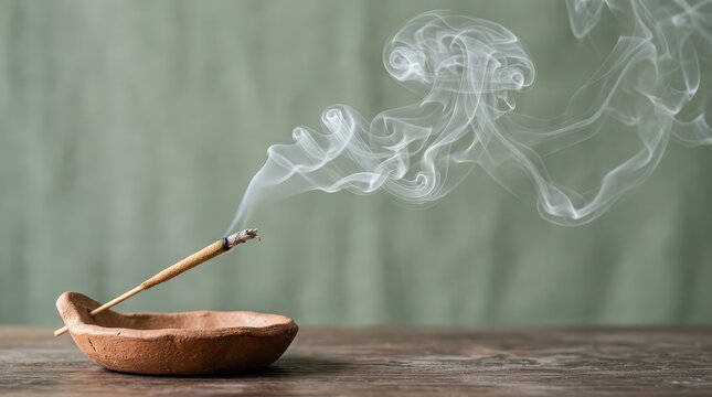 Incense Stick Burning and Emitting Smoke in Clay Holder smoldering