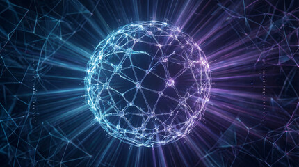 Obraz premium Neural network sphere with glowing synapses radiating light through a transparent digital space with geometric gradients