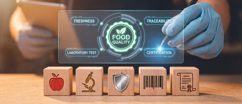 Food quality control hologram interface interacting with wooden blocks displaying safety and testing icons under bright studio lighting