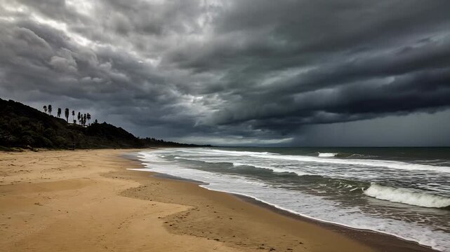 Dramatic Seascape with Dark Clouds Over Sandy Beach and Waves Lapping the Shore