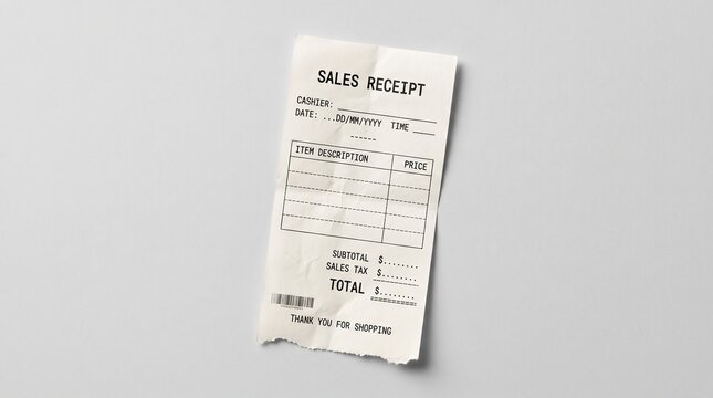 Blank sales receipt paper slip for financial expense tracking.