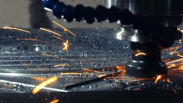 Industrial CNC milling machine cutting metal with bright sparks in slow motion professional manufacturing process footage.