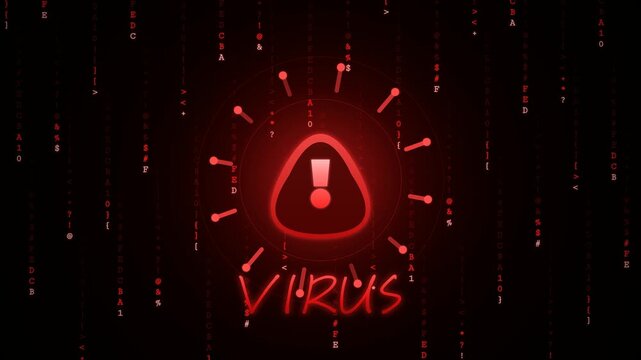 Digital Code Rain Background With Glowing Red Virus Warning Alert