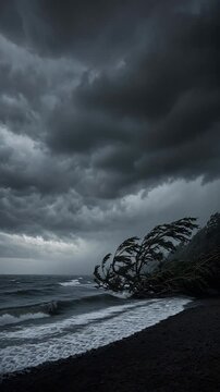 Dramatic Seascape with Turbulent Waves and Dark Clouds at Rocky Shoreline