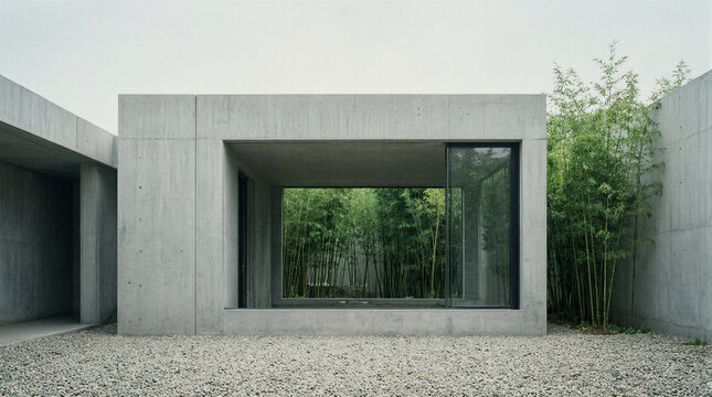 Bamboo garden framed through a large rectangular window of a minimalist concrete building exterior