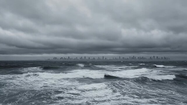 Dramatic Seascape With Turbulent Waves And Dark Clouds Over Distant City Skyline