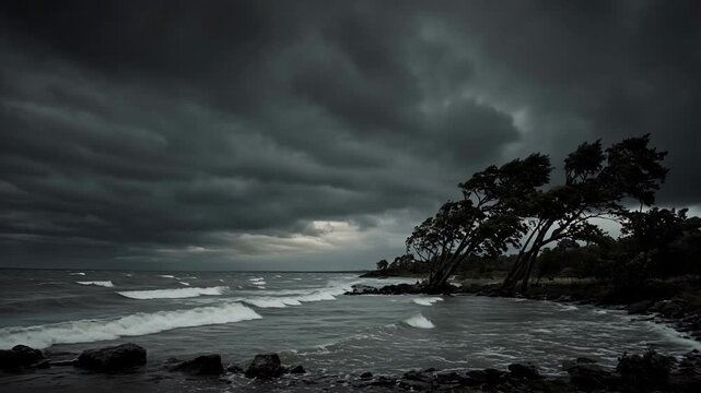 Dramatic Seascape with Turbulent Waves and Dark Ominous Clouds over a Quiet Shoreline