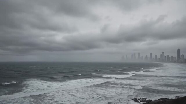 Dramatic Seascape with Turbulent Waves and Overcast Skies Above Urban Skyline