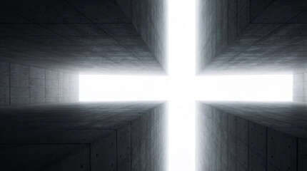 Fototapeta premium Brutalist architecture featuring a geometric cross shaped lightwell piercing through a massive solid concrete monolith