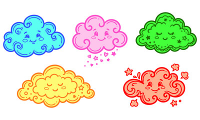 Obraz premium A charming set of cute kawaii clouds vector illustrations featuring happy cartoon character clouds with smiling faces, tiny stars, and heart rain elements. This colorful and magical sky artwork