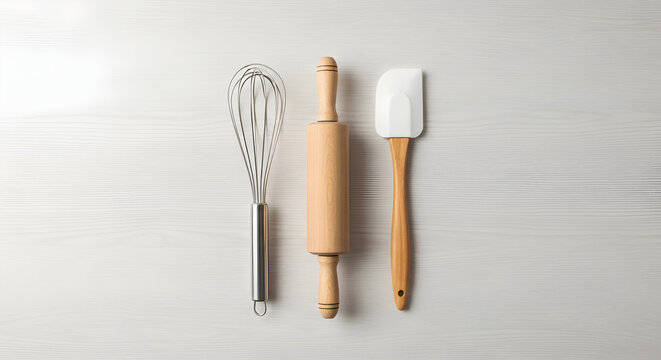 Baking tools on wooden surface, kitchen utensils