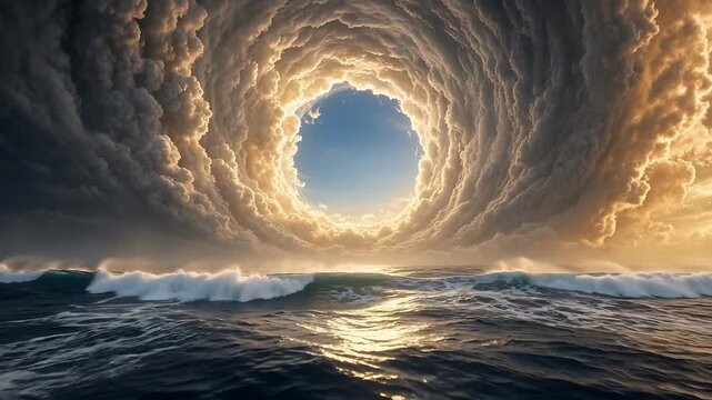 Dramatic Sky Swirling Around Blue Hole Over Reflective Ocean Surface at Sunset