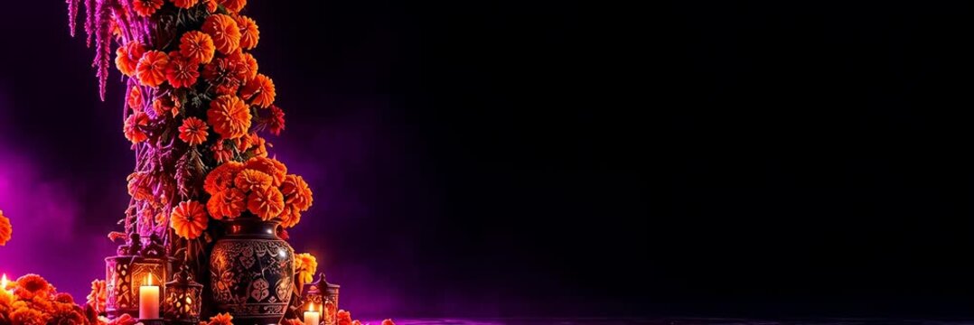 Marigold altar for Day of the Dead celebration, wide website banner with copy space