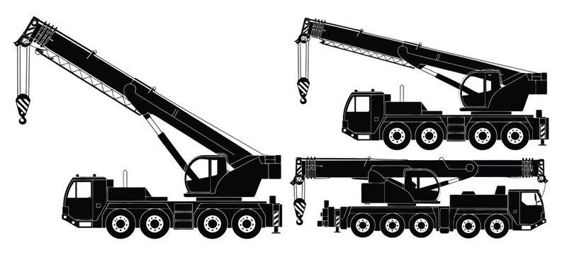 Truck crane silhouette on a white background, heavy construction vehicle side view, industrial machinery vector icon illustration for transportation and engineering.
