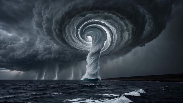 Dramatic Spiral Storm Forming Over Turbulent Ocean with Dark Clouds and High Waves