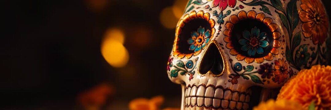 Close-up sugar skull for Day of the Dead, wide website banner with copy space