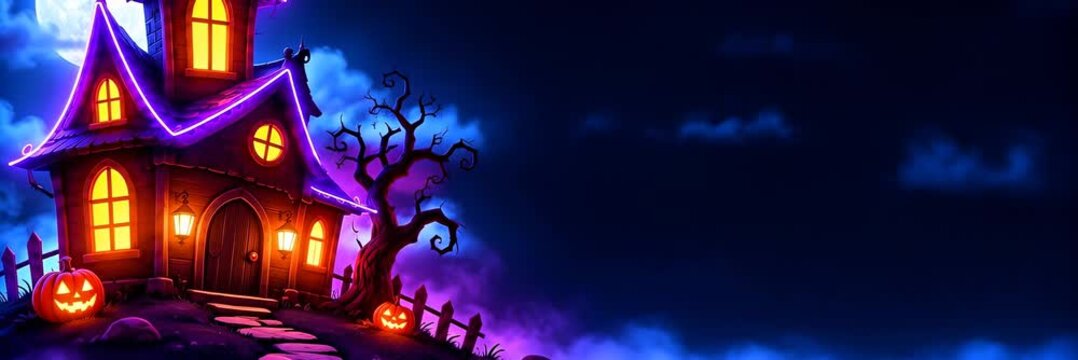 Animated haunted house under moon for Halloween, wide website banner with copy space