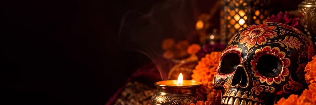 Sugar skull with candle and marigolds for Day of the Dead, website banner with copy space