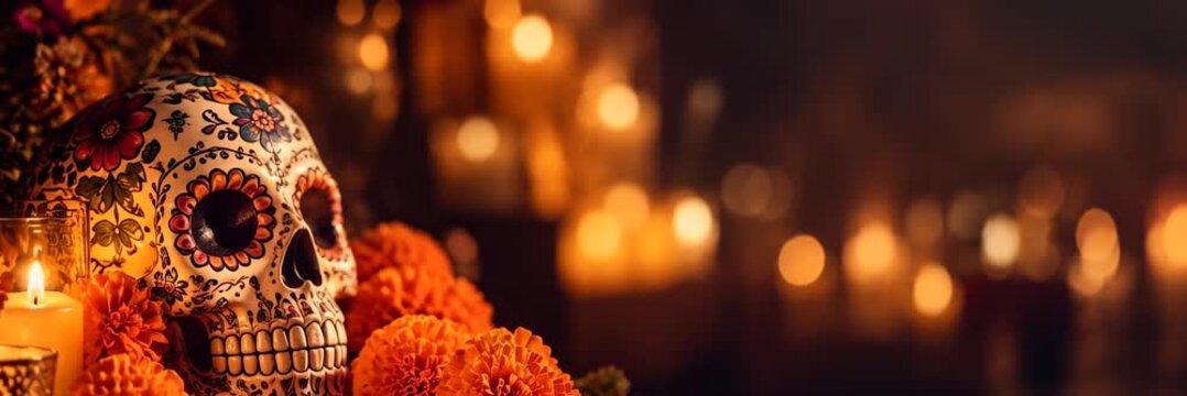 Decorated sugar skull and marigolds for Day of the Dead, website banner with copy space