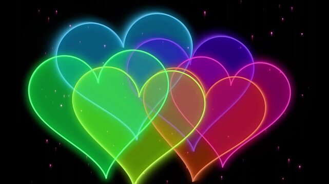 Glowing rainbow neon hearts background, vibrant colorful heart outlines motion graphics, romantic Valentine's Day love animation