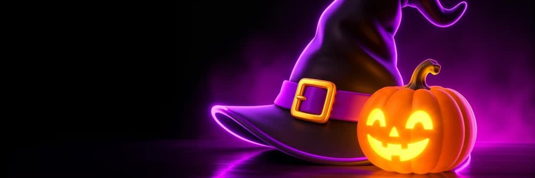 Neon witch hat and pumpkin for Halloween, website banner with copy space
