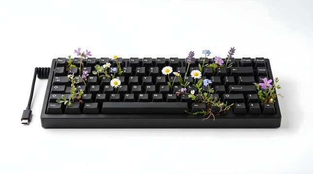 Surreal conceptual image of colorful wildflowers and green plants growing through the keys of a black computer keyboard on a white background