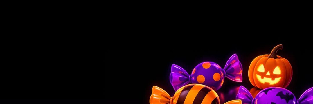 Animated candy and pumpkin for Halloween, wide website banner with copy space