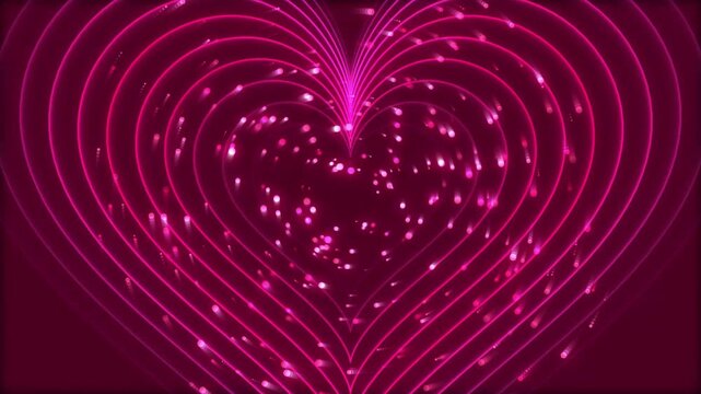 Neon pink heart tunnel animation, glowing romantic light motion background, vibrant Valentines Day video loop